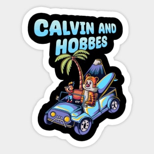 Calvin and hobbes riding a jeep goes to vacation Sticker